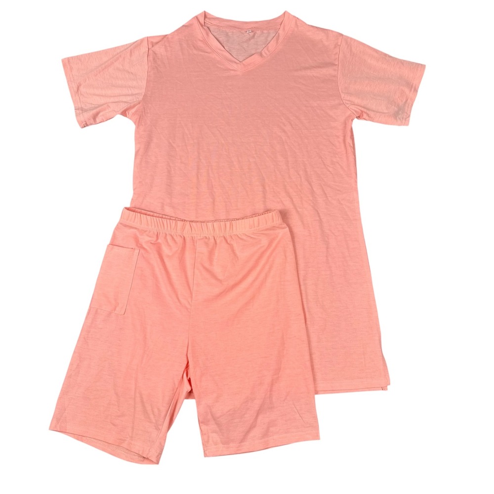 Coral Pink Lounge Set V Neck Tunic Top Bermuda Shorts Soft Stretch Pajama Set